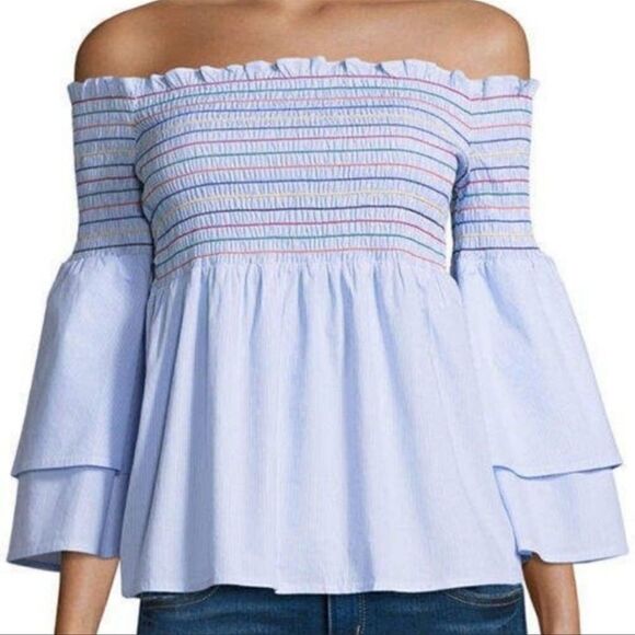 Belle + Sky Blue Off the Shoulder Peplum Top NWT Delight Blue Strip Size Small - Picture 1 of 10